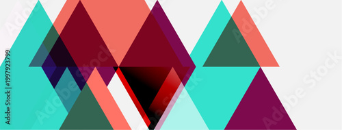 Abstract geometric composition. Triangles overlap, creating vibrant color blocks. Modern design, minimalist aesthetic.