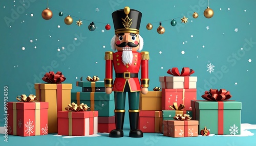 A nutcracker soldier stands among colorful presents