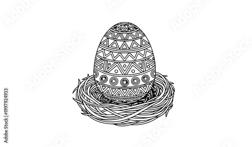 Hand Drawn Easter Egg in Bird Nest with Tribal Pattern Coloring Page Line Art
