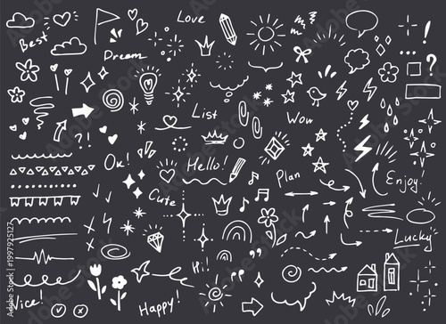 Large collection of hand drawn doodle elements in white color on dark background. Includes arrows hearts stars speech bubbles icons lines symbols and handwritten words. Cute sketch style perfect for s