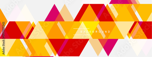 Abstract geometric pattern. Triangles overlap, creating vibrant orange, red, pink hues. Modern design element for backgrounds.