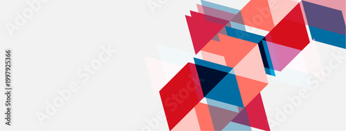 Abstract geometric shapes overlap, creating vibrant color blocks. Composition features red, blue, pink hues on white background.