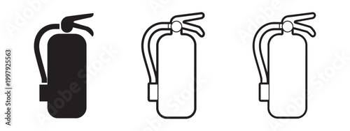Fire extinguisher safety icon set, firefighting equipment symbols in glyph and outline styles clean modern vector illustration