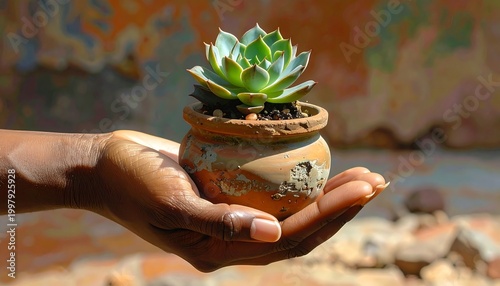 A person's hand gently cradles a small potted succulent plant