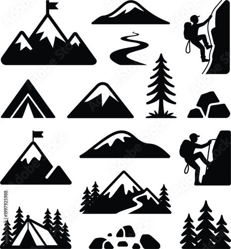 Mountain hiking rock climbing camping outdoor adventure icon set with pine tree mountain climbing