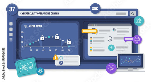 Cybersecurity operations center interface with data visualization and icons