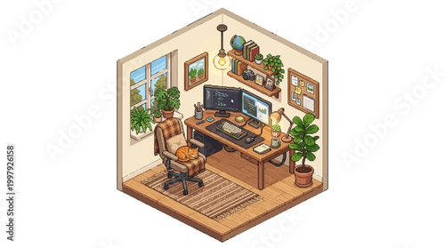 Cozy home office interior with desk chair computer plants shelves