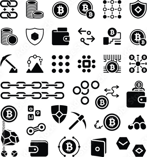 Cryptocurrency blockchain technology digital wallet vector icons set with smart contract, blockchain