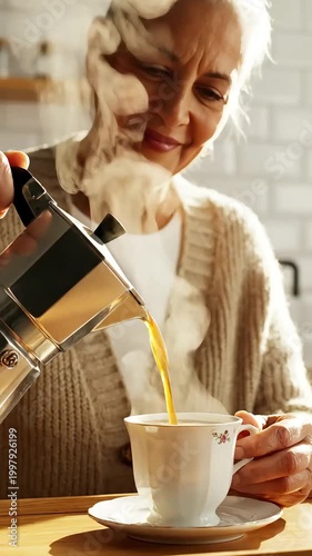 Smiling Senior Woman Pouring Fresh Moka Pot Coffee in Sunny Kitchen