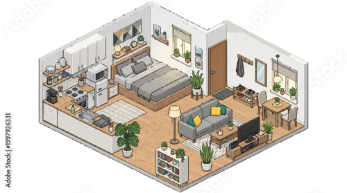 A modern gaming room setup featuring a cozy living area with furniture and a separate bedroom space