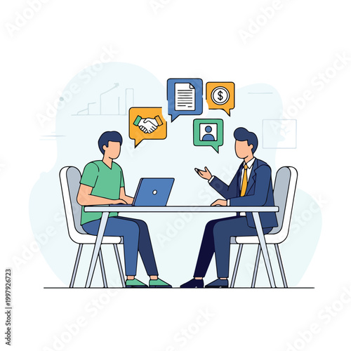 Two men sitting at a table with a laptop and discussing