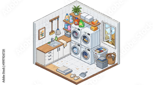 Interior view of a laundry room with washing machines and dryer