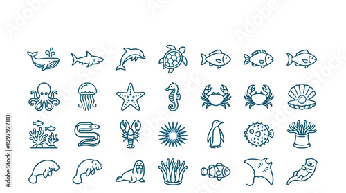 Sea creatures icons in blue.