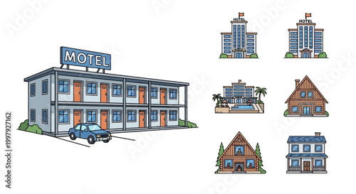 Colorful Motel and House Buildings Illustration.