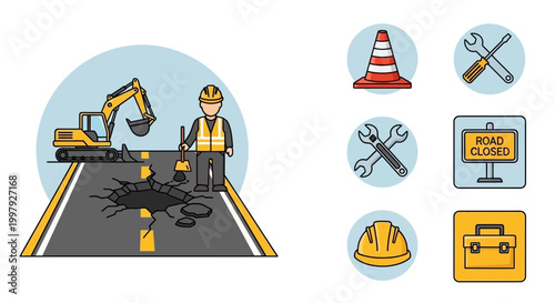 Construction Worker with Road Repair Equipment.