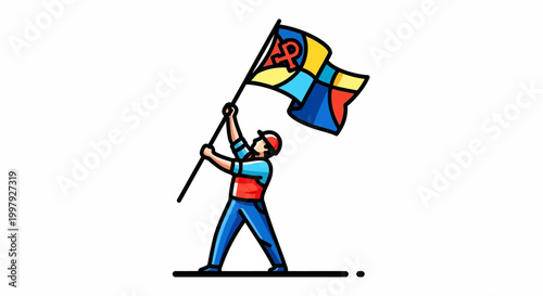 Man holding a colorful flag high.