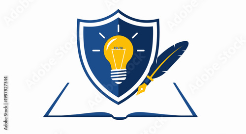 Shield with lightbulb and quill pen.