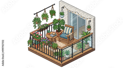Relaxing on a cozy balcony with chair, table, plants, and railing in a serene outdoor setting.