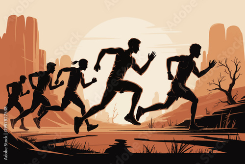 Silhouettes of diverse runners in athletic wear racing through a dramatic desert landscape at sunset