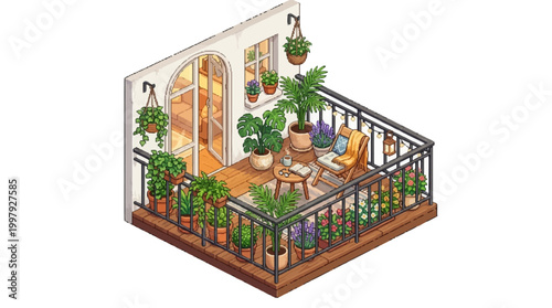 A food truck scene on a balcony with plants and furniture outside