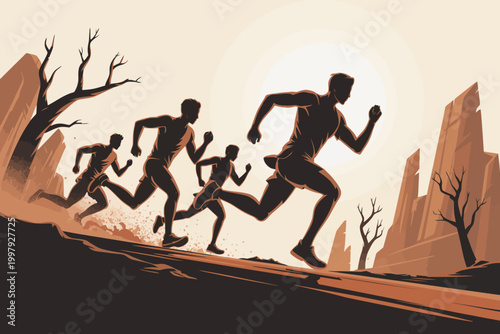 Group of male athletes running a challenging race across a dry landscape with sparse vegetation