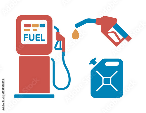 Gas pump nozzle with fuel drop petrol jerry can filling station icons, fuel station equipment symbols clean modern vector illustration