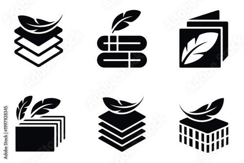 Fabric with feather filler icon set, high comfort structure, lightweight soft textile and down filling symbols, breathable material and skin comfort