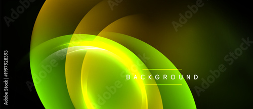 Abstract neon layers overlap, creating vibrant green, yellow glow. Dark background emphasizes luminous curves, modern design element.