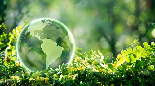 Glowing earth sphere nestled in green forest foliage with forest floor earth day environment