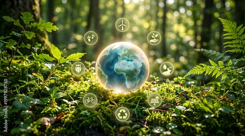 Earth globe surrounded by eco-friendly icons in forest with environment renewable sustainability