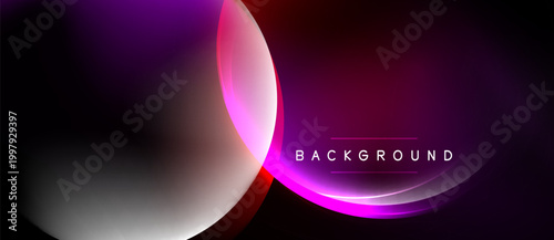 Abstract design features vibrant purple, red gradients. Smooth curves create dynamic visual impact against dark backdrop. Modern, sleek presentation.