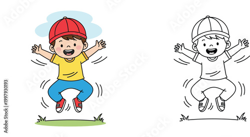Happy little boy jumping with joy in the park colored illustration and black and white line art coloring page for kids educational school projects and leisure activities
