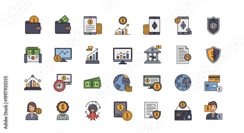 Modern icon set depicting financial balance and a smiling businesswoman, ideal for illustrating concepts of prosperity, investment, and economic stabi