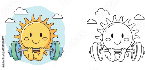 Cute sun character lifting heavy barbell weights for fitness set of colored illustration and black and white line art coloring page for kids educational and sports theme projects
