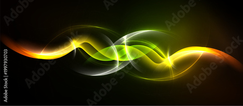 Abstract flowing lines, vibrant colors, dynamic energy. Bright yellow, green, orange hues contrast dark background. Smooth curves create visual rhythm.