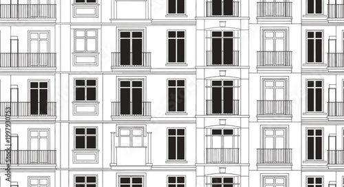 Architectural line drawing of a modern building facade with balconies