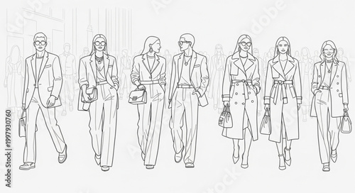 Group of people walking together in a line illustration.