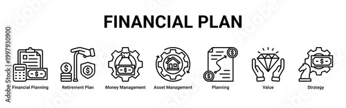 Financial Plan banner with financial planning,retirement plan,money management,asset management,planning,value and strategy icons for business and finance concept
