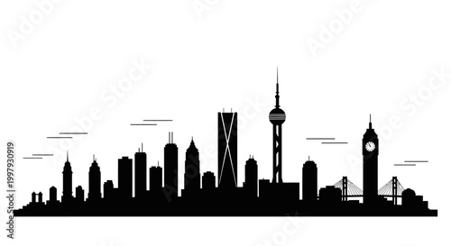 Black silhouette of global city skyline landmarks on white background