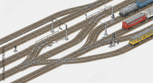 Model Train Tracks and Wagons on a White Background.