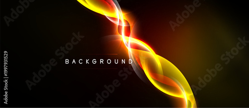 Dynamic abstract lines, vibrant yellow, orange hues. Dark background creates dramatic visual impact. Modern design element.