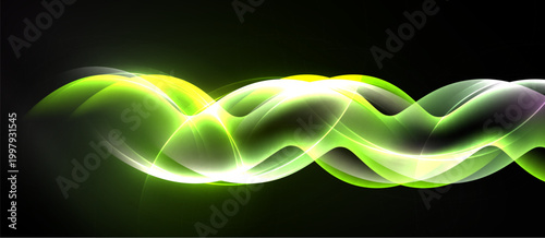 Bright wavy lines flow across black background. Green, yellow hues create dynamic visual effect. Smooth curves suggest movement, energy.
