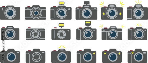 Flat vector camera icons set showing photography concepts, shutter motion, flash effects, and creative shooting styles for modern digital design