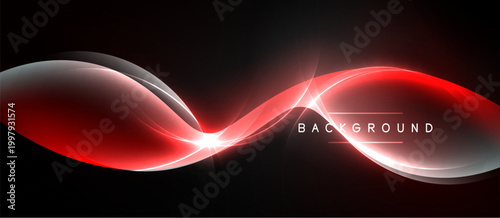 Abstract red light curves flow across black space. Bright glow creates dynamic visual effect. Modern design element.
