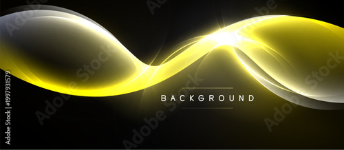 Abstract yellow waves over black background. Bright light emanates from center, creating dynamic visual effect. Smooth curves suggest movement.