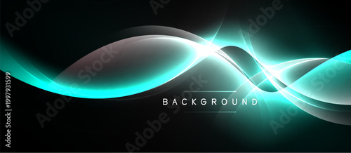Abstract waves, glowing turquoise light, dark background. Modern design element, dynamic curves, bright flare effect. Simple text label present.