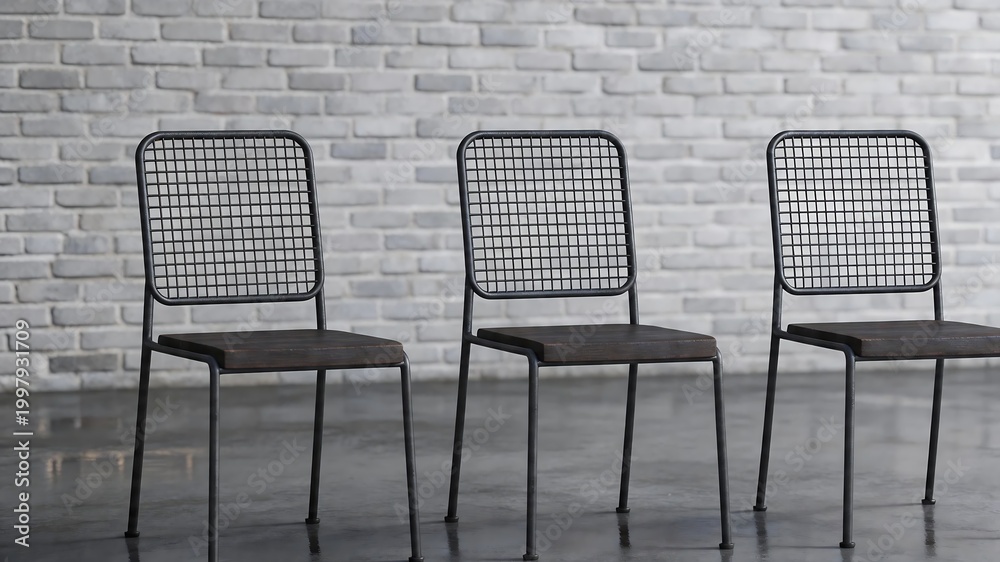 Industrial Metal Mesh Chairs with Wooden Seats Against Brick Wall in Urban Cafe Setting