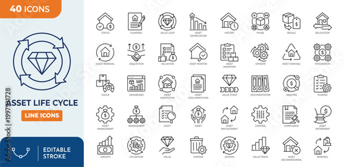 Asset lifecycle icon set. Contain icons related to asset, lifecycle, value, phase, service, repair, planning, acquisition, maintenance, optimization, and more. Editable stroke. Vector illustration