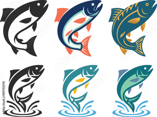 Jumping fish logo icon set in flat vector style featuring dynamic aquatic animals for fishing, seafood branding, and marine design projects