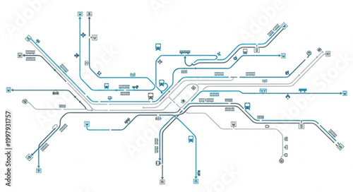 Detailed public transportation map with many lines and stations.